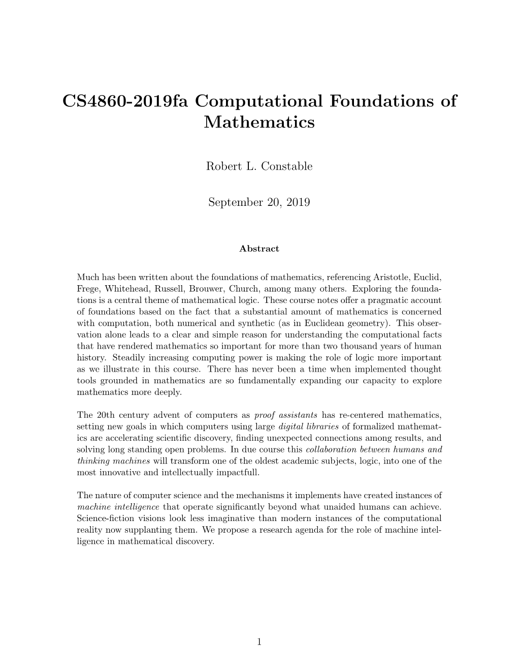 CS4860-2019Fa Computational Foundations of Mathematics