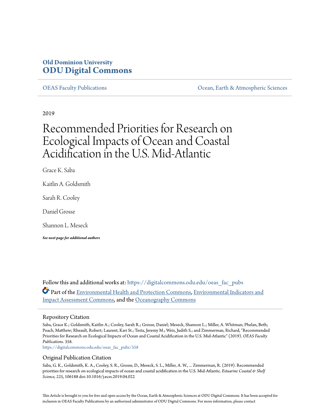Recommended Priorities for Research on Ecological Impacts of Ocean and Coastal Acidification in the U.S. Mid-Atlantic Grace K