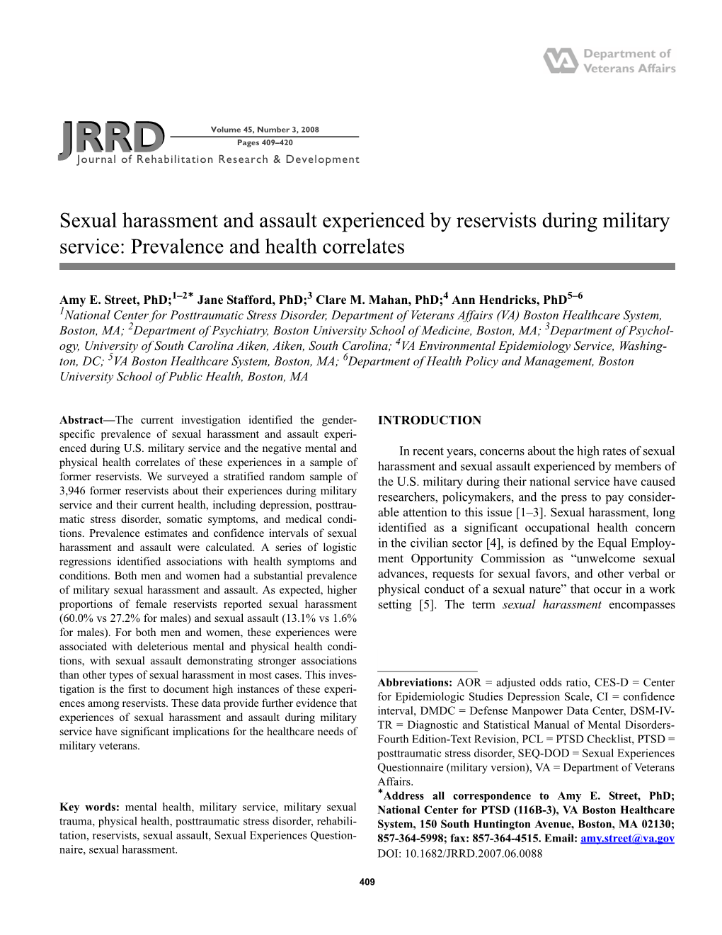 Sexual Harassment and Assault Experienced by Reservists During Military Service: Prevalence and Health Correlates