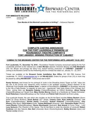 Complete Casting Announced for the Fort Lauderdale Premiere of Roundabout Theatre Company’S Tony Award® -Winning Production of Cabaret