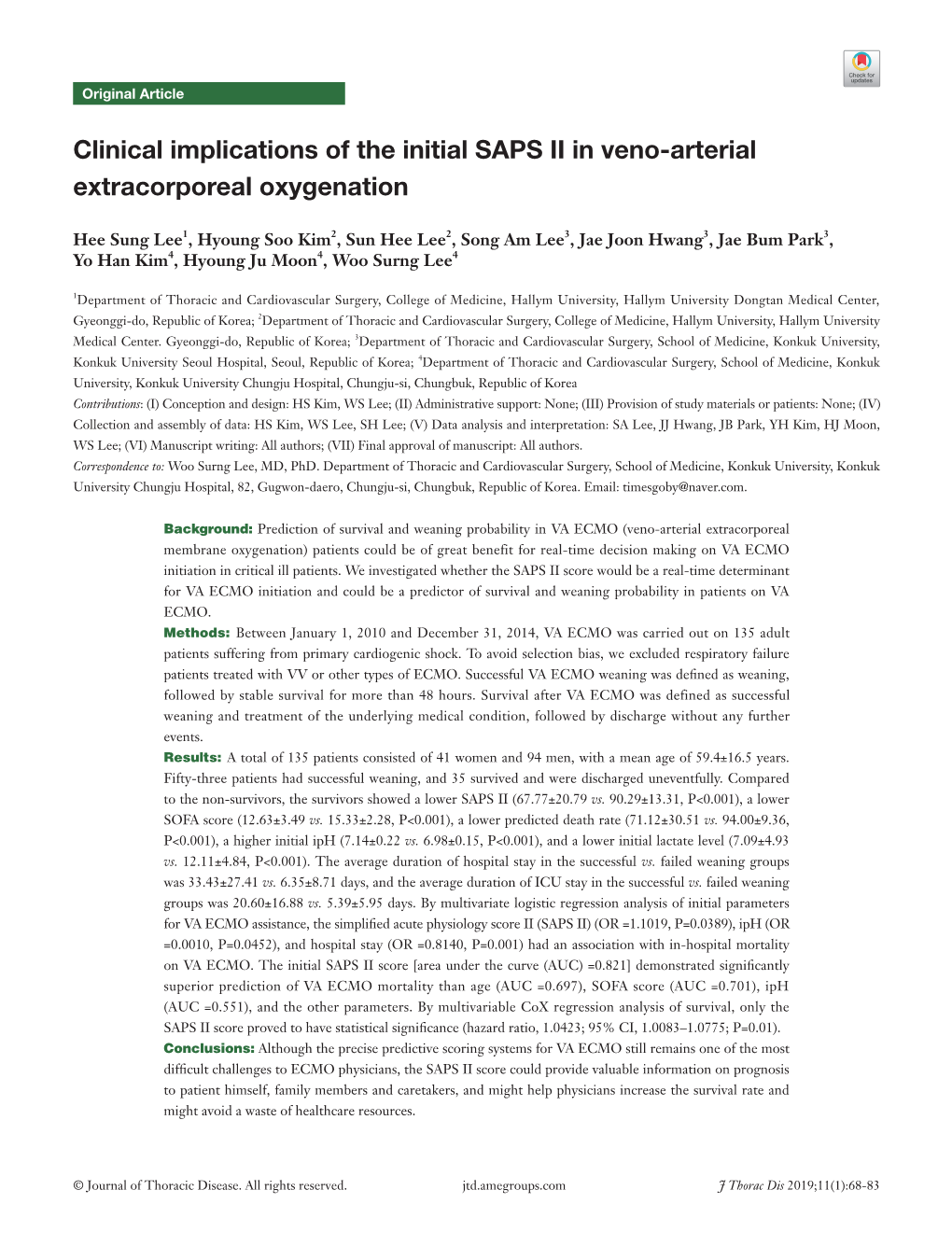 Clinical Implications of the Initial SAPS II in Veno-Arterial Extracorporeal Oxygenation