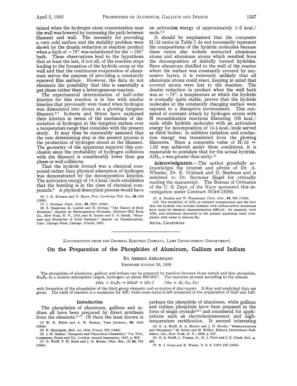 On the Preparation of the Phosphides of Aluminum, Gallium and Indium by ARRIGOADDAMIANO RECEIVEDAUGUST 26, 1959