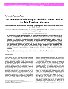An Ethnobotanical Survey of Medicinal Plants Used in the Tata Province, Morocco