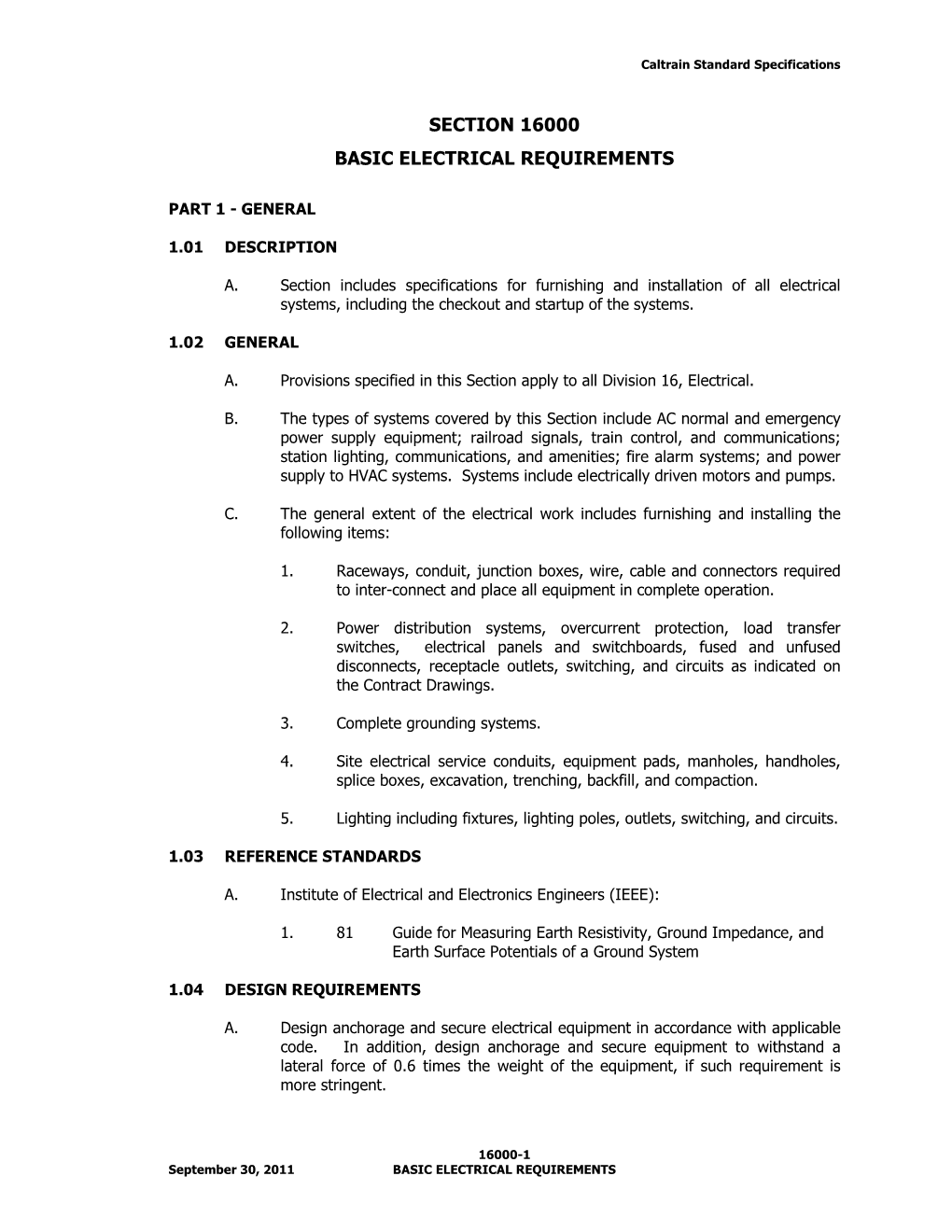 Section 16000 Basic Electrical Requirements