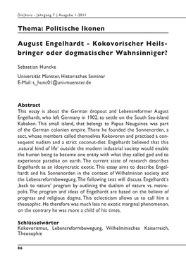 August Engelhardt - Kokovorischer Heils- Bringer Oder Dogmatischer Wahnsinniger?