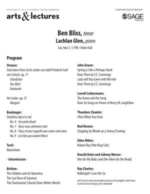 Ben Bliss, Tenor Lachlan Glen, Piano Sat, Nov 5 / 3 PM / Hahn Hall