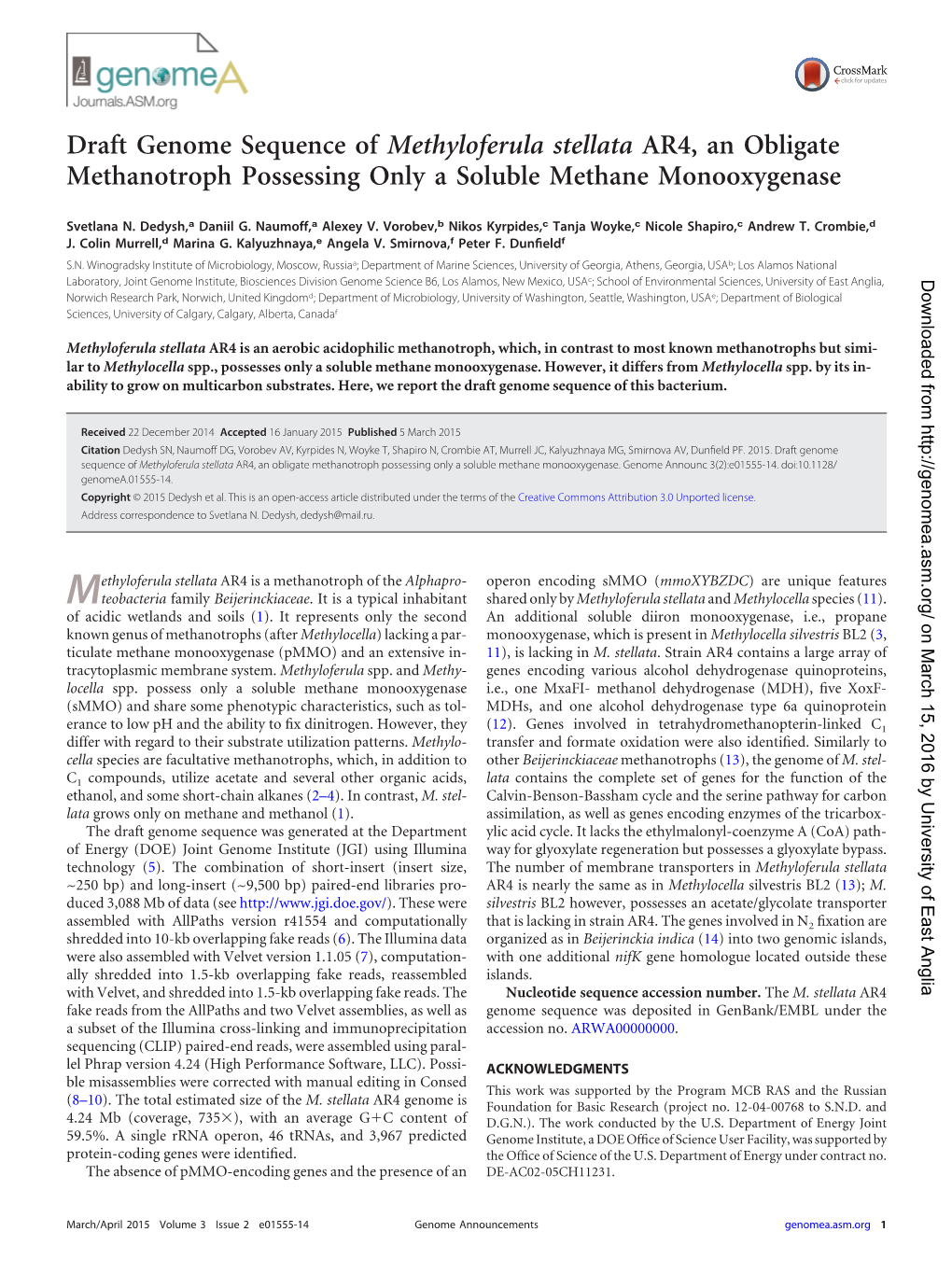 Draft Genome Sequence of Methyloferula Stellata AR4, an Obligate Methanotroph Possessing Only a Soluble Methane Monooxygenase