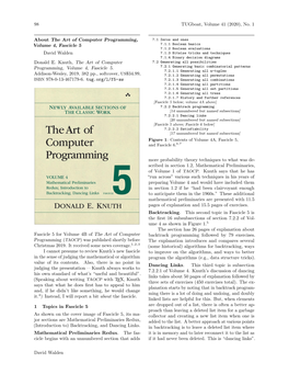 No. 1 About the Art of Computer Programming, Volume 4, Fascicle 5 David Walden Donald E. Knuth, Th