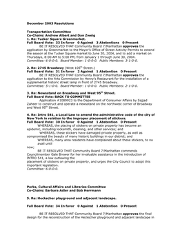 December 2003 Resolutions Transportation