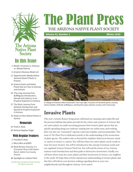 The Plant Press the ARIZONA NATIVE PLANT SOCIETY Volume 43, Number 2 Winter 2020