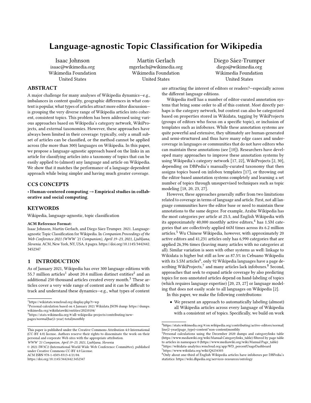 Language-Agnostic Topic Classification for Wikipedia