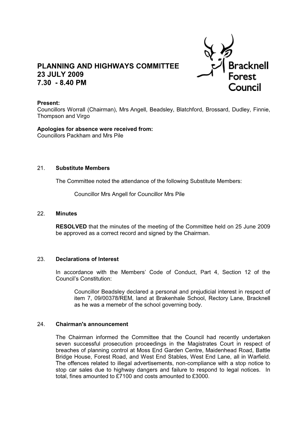 Planning and Highways Committee 23 July 2009 7.30 - 8.40 Pm