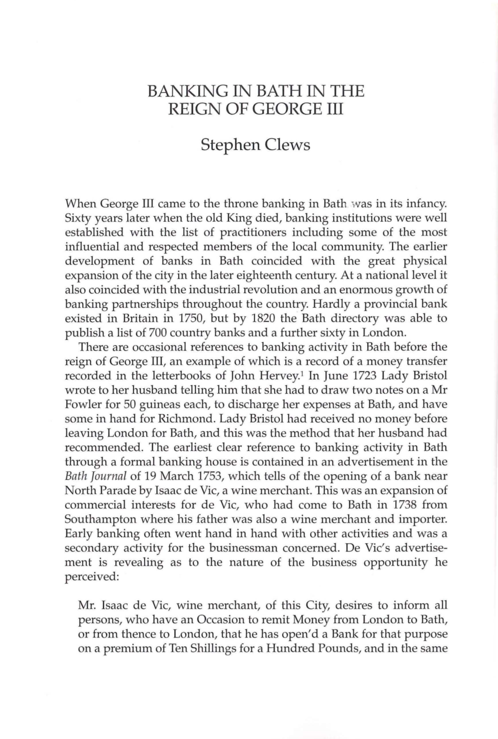 BANKING in BATH in the REIGN of GEORGE III Stephen Clews