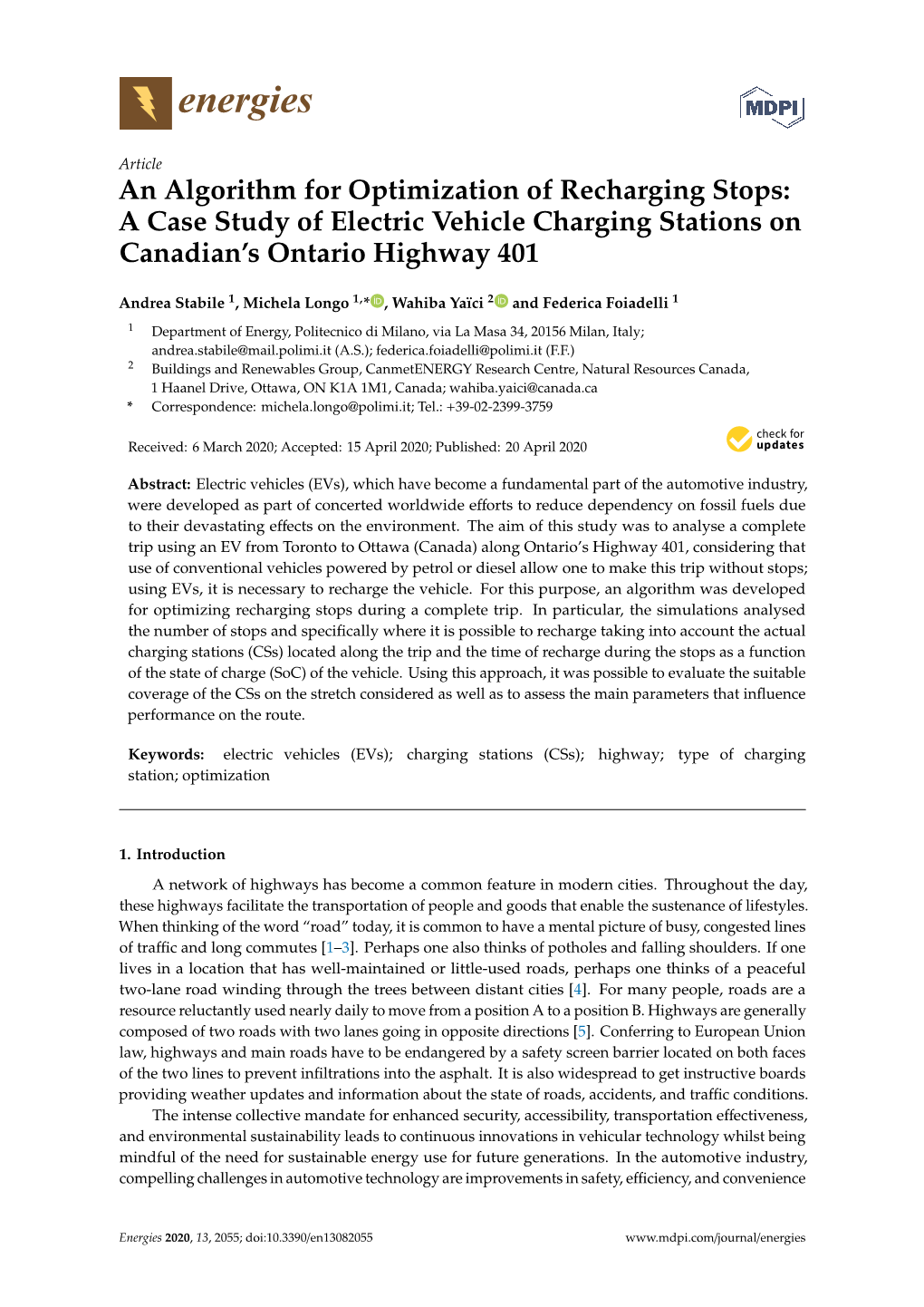 An Algorithm for Optimization of Recharging Stops: a Case Study of Electric Vehicle Charging Stations on Canadian’S Ontario Highway 401