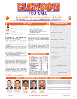 Game Center 2019 Schedule/Results Clemson Football Athletic Communications & Creative Services Media Information