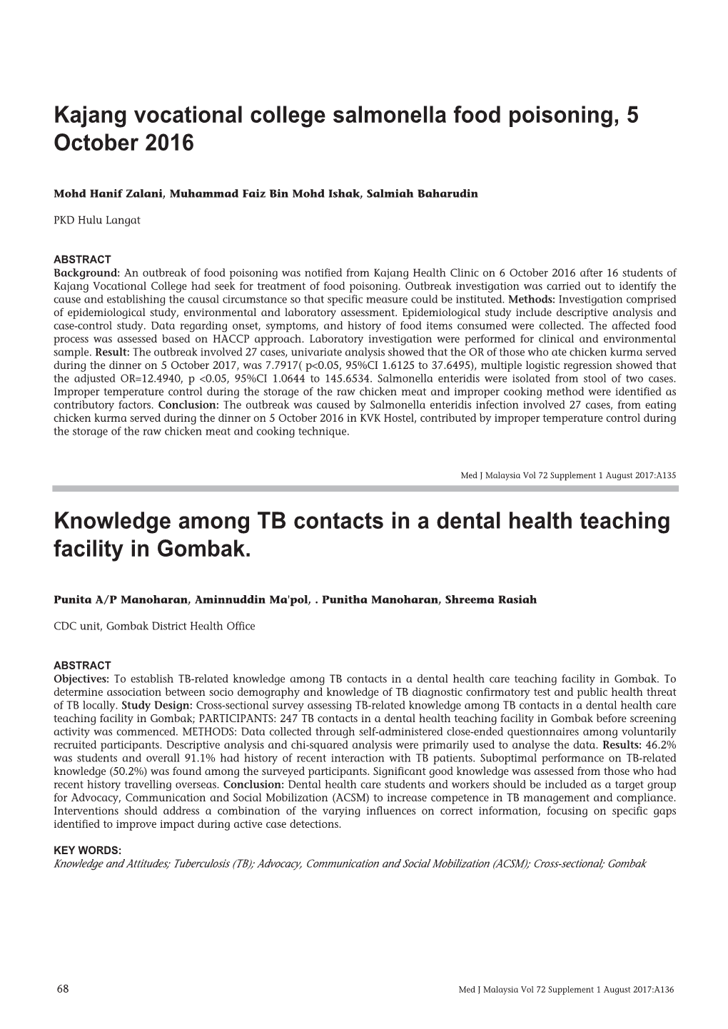 Kajang Vocational College Salmonella Food Poisoning, 5 October 2016 Knowledge Among TB Contacts in a Dental Health Teaching Faci