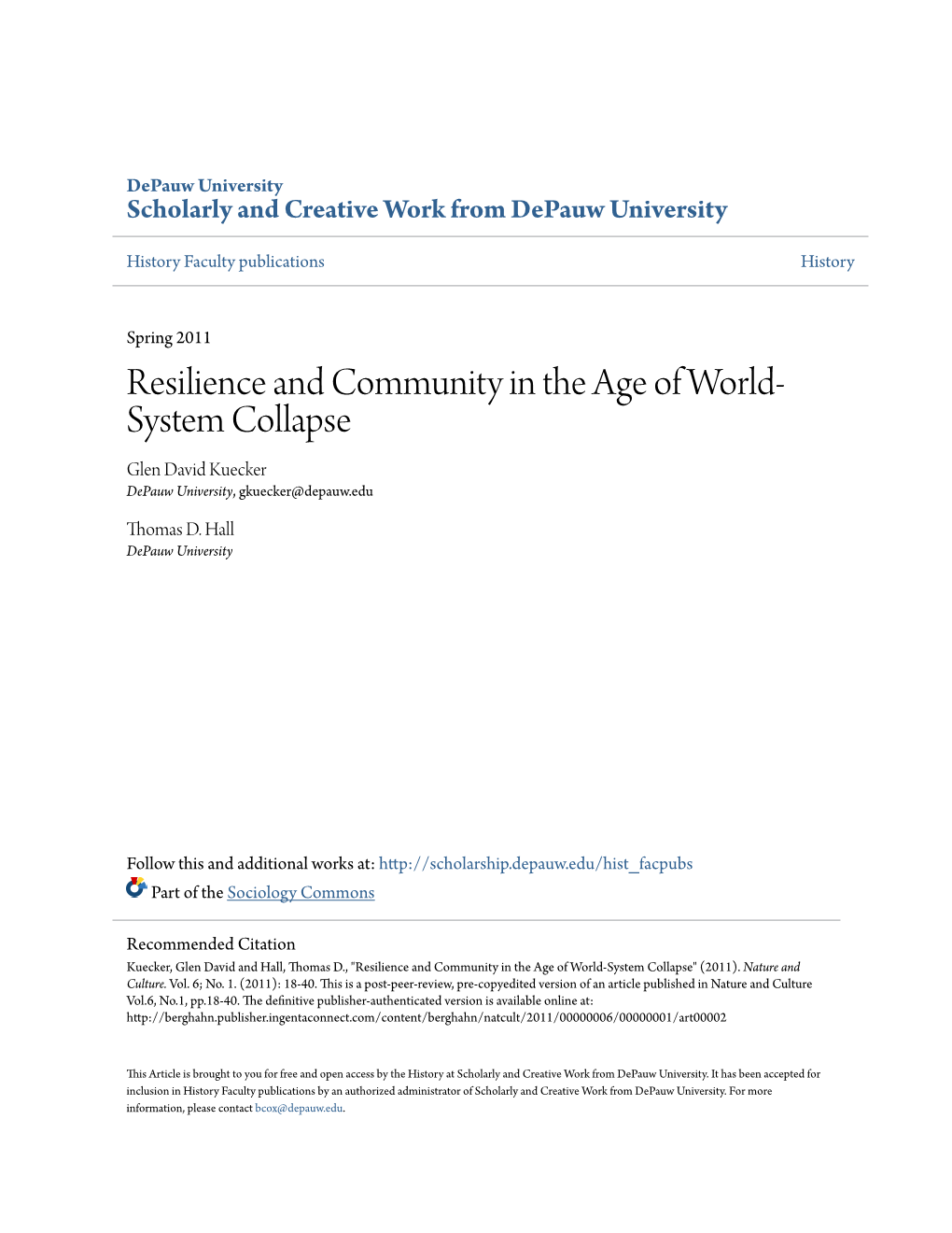 Resilience and Community in the Age of World-System Collapse" (2011)
