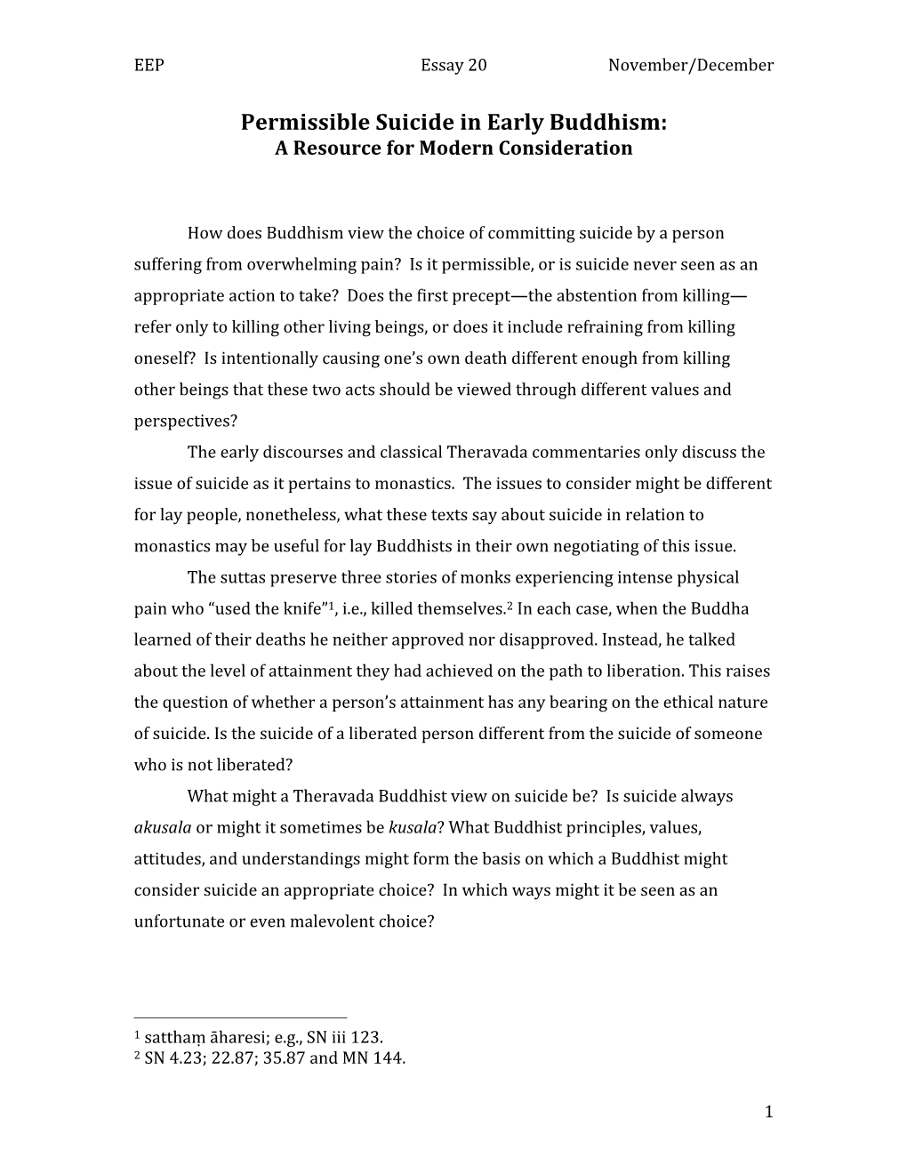 Permissible Suicide in Early Buddhism: a Resource for Modern Consideration