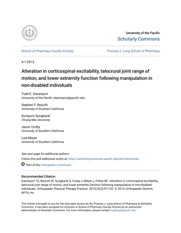 Alteration in Corticospinal Excitability, Talocrural Joint Range of Motion, and Lower Extremity Function Following Manipulation in Non-Disabled Individuals