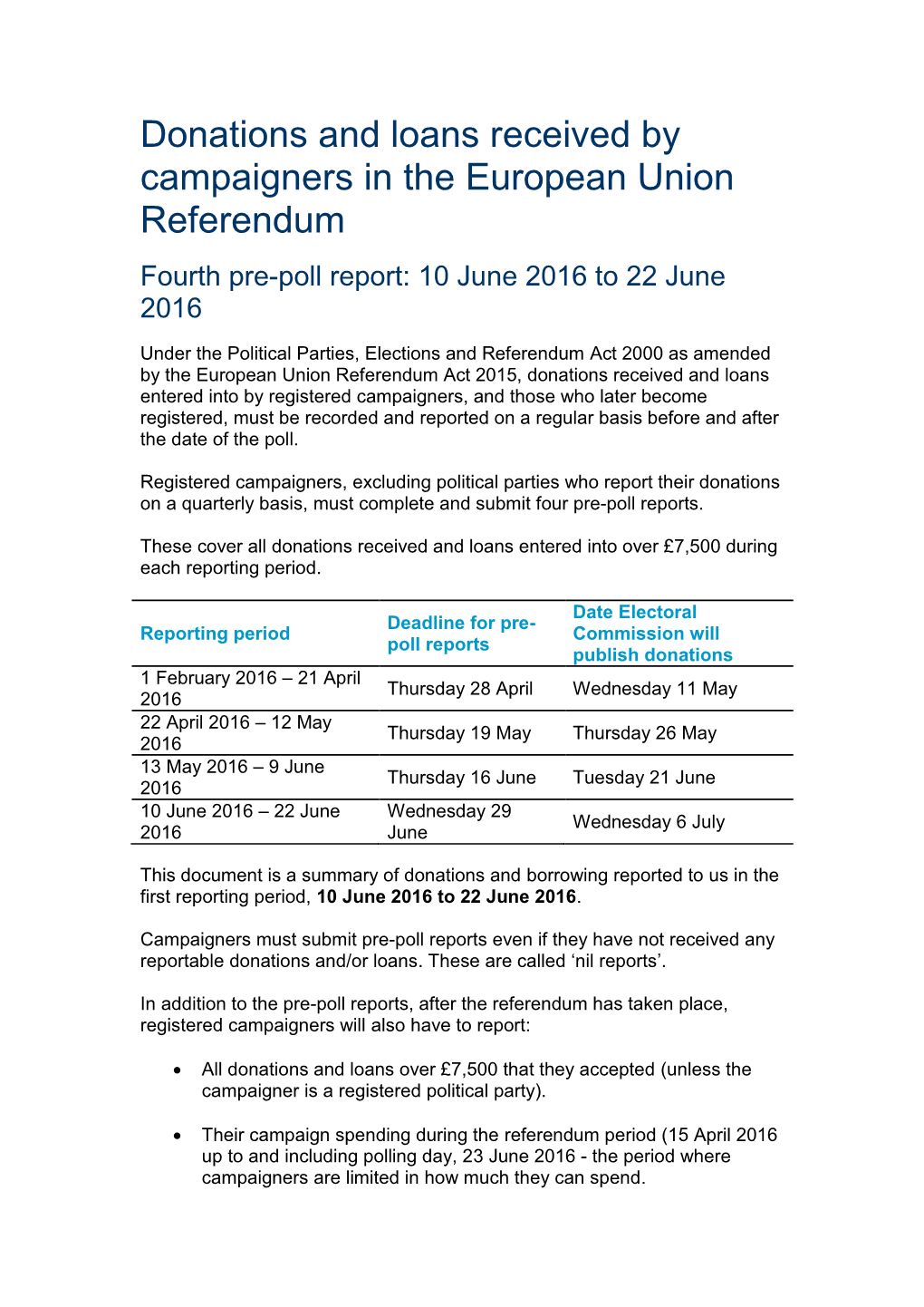 Donations and Loans Received by Campaigners in the European Union Referendum Fourth Pre-Poll Report: 10 June 2016 to 22 June 2016