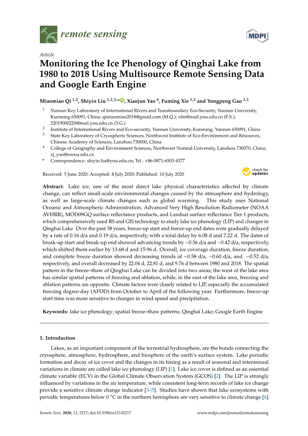 Monitoring the Ice Phenology of Qinghai Lake from 1980 to 2018 Using Multisource Remote Sensing Data and Google Earth Engine