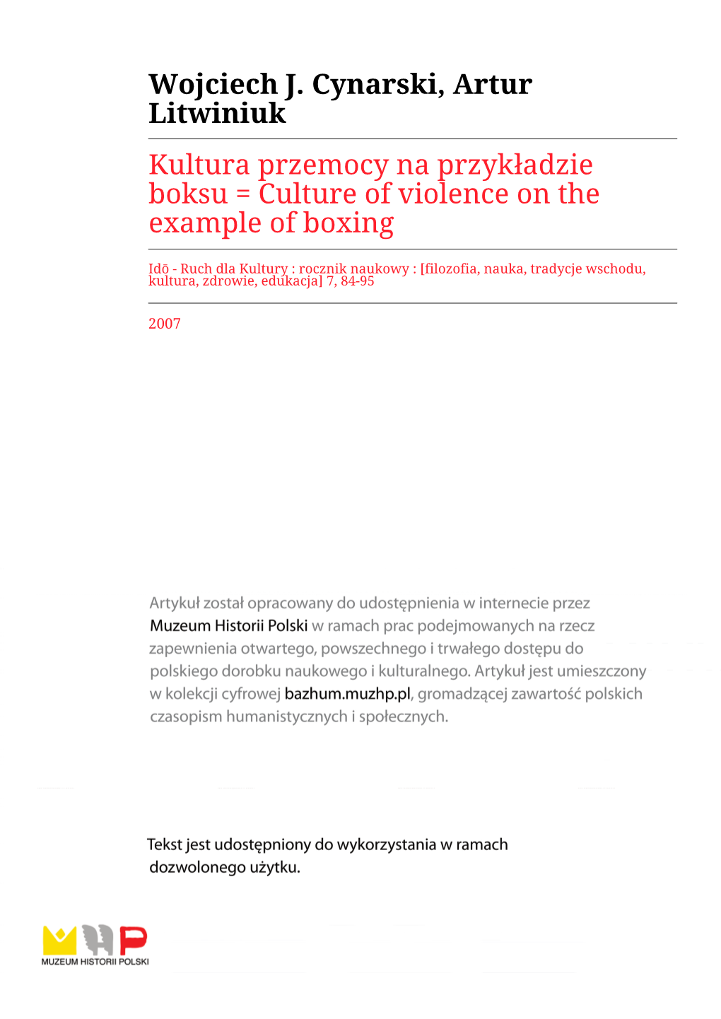 Kultura Przemocy Na Przykładzie Boksu = Culture of Violence on the Example of Boxing