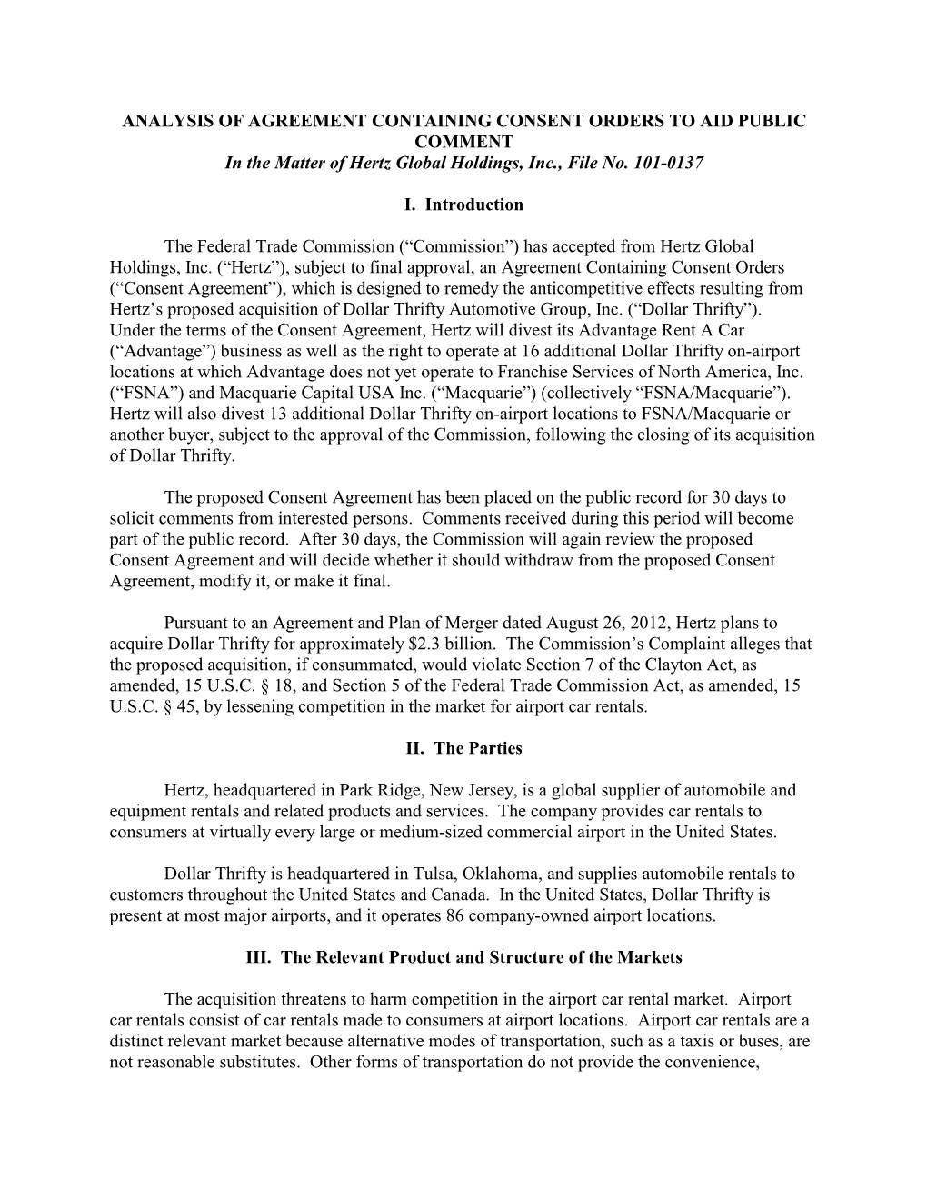 ANALYSIS of AGREEMENT CONTAINING CONSENT ORDERS to AID PUBLIC COMMENT in the Matter of Hertz Global Holdings, Inc., File No