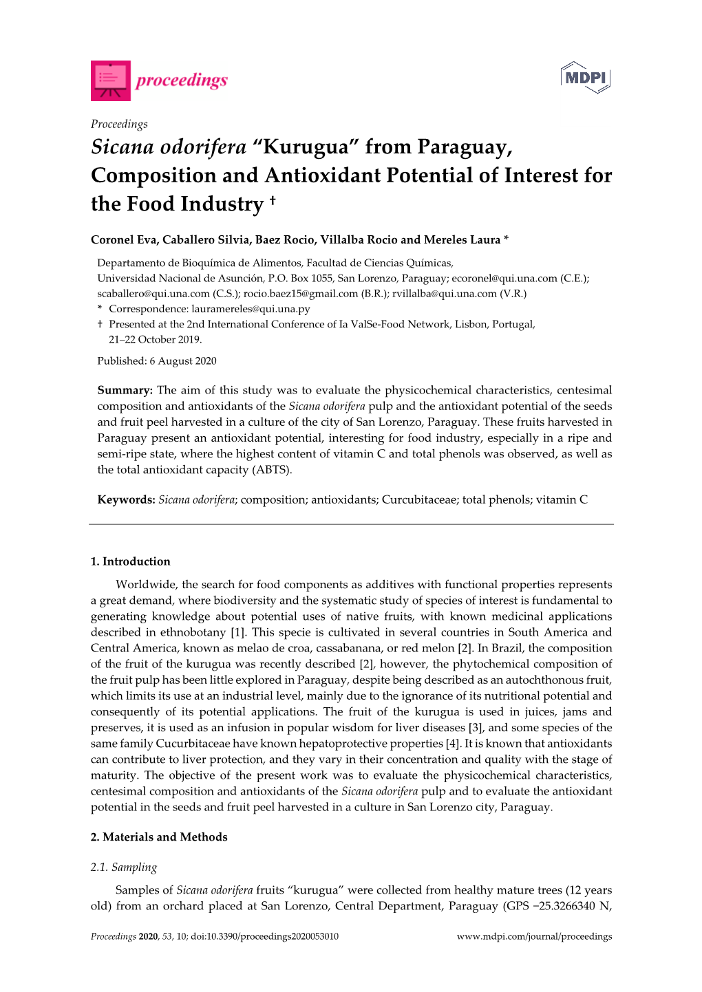 Sicana Odorifera “Kurugua” from Paraguay, Composition and Antioxidant Potential of Interest for the Food Industry †