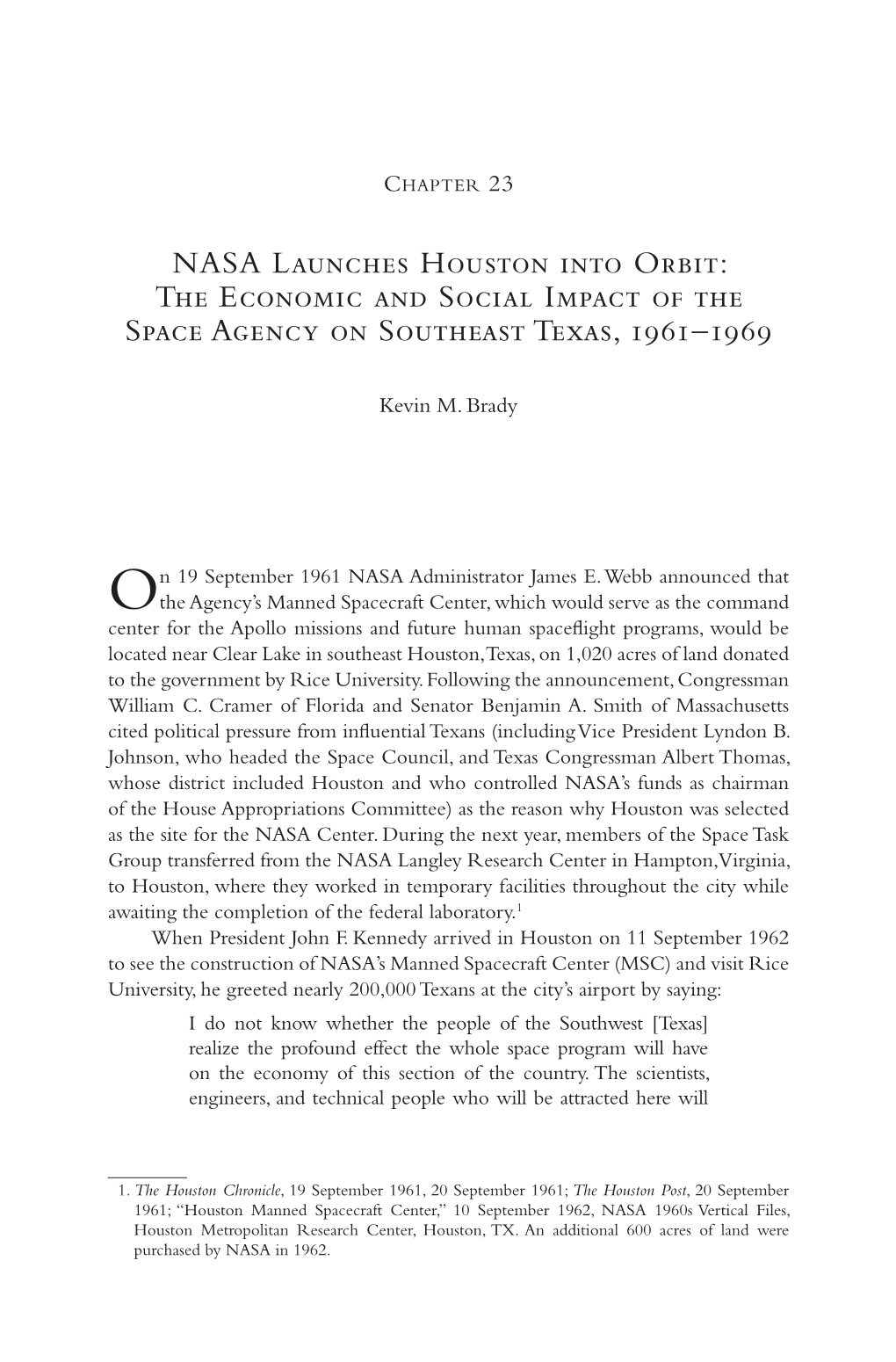 NASA Launches Houston Into Orbit: the Economic and Social 45 Impact of the Space Agency on Southeast Texas, 1961–1969