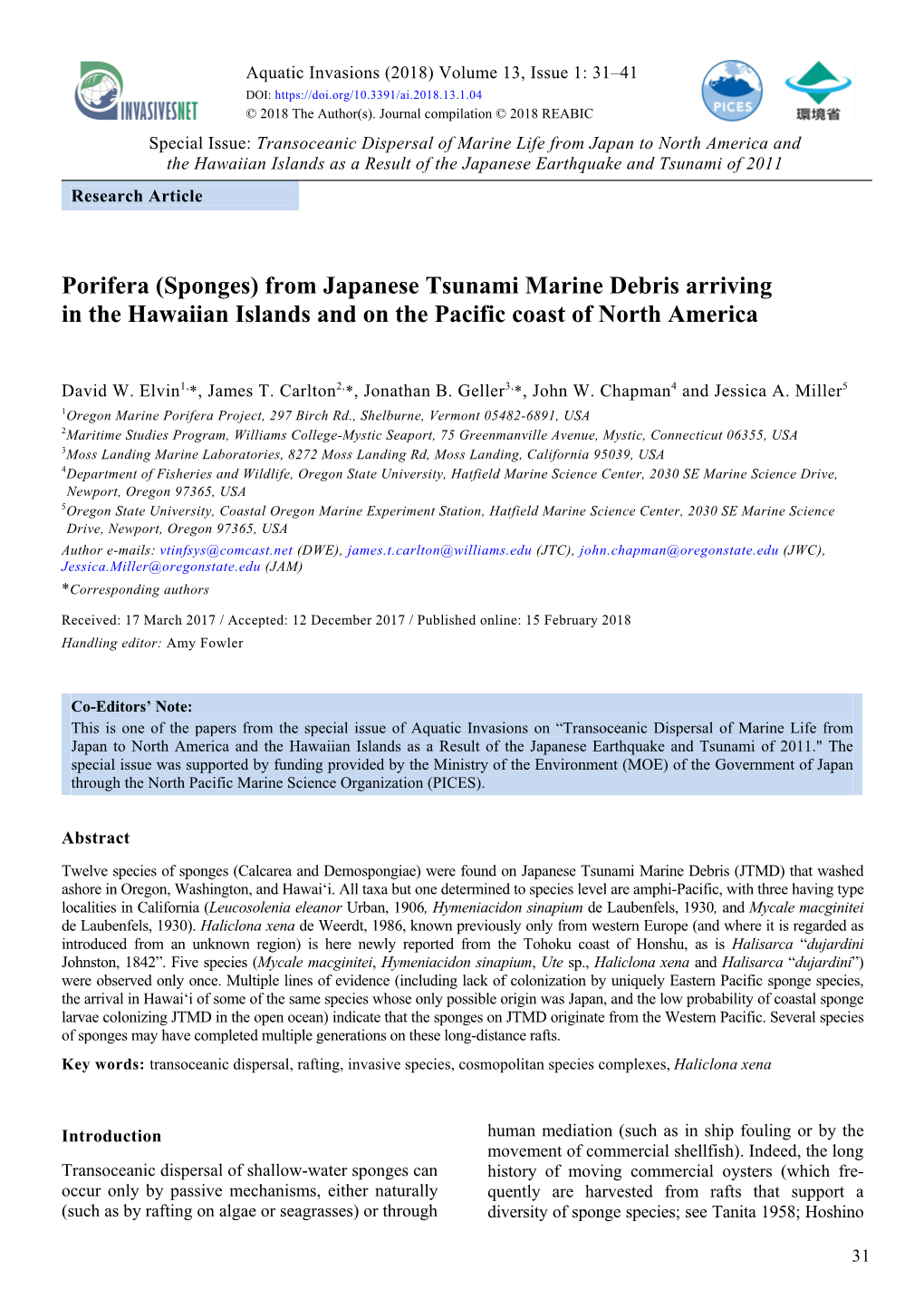 Porifera (Sponges) from Japanese Tsunami Marine Debris Arriving in the Hawaiian Islands and on the Pacific Coast of North America