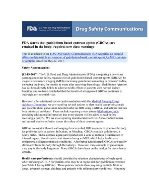FDA Warns That Gadolinium-Based Contrast Agents (Gbcas) Are Retained in the Body; Requires New Class Warnings