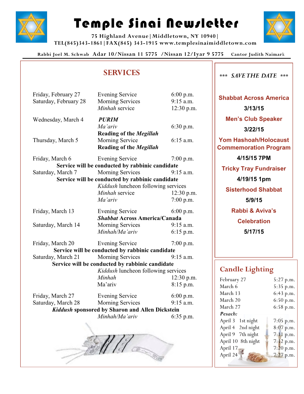 Temple Sinai Newsletter 75 Highland Avenue|Middletown, NY 10940| TEL(845)343-1861|FAX(845) 343-1915