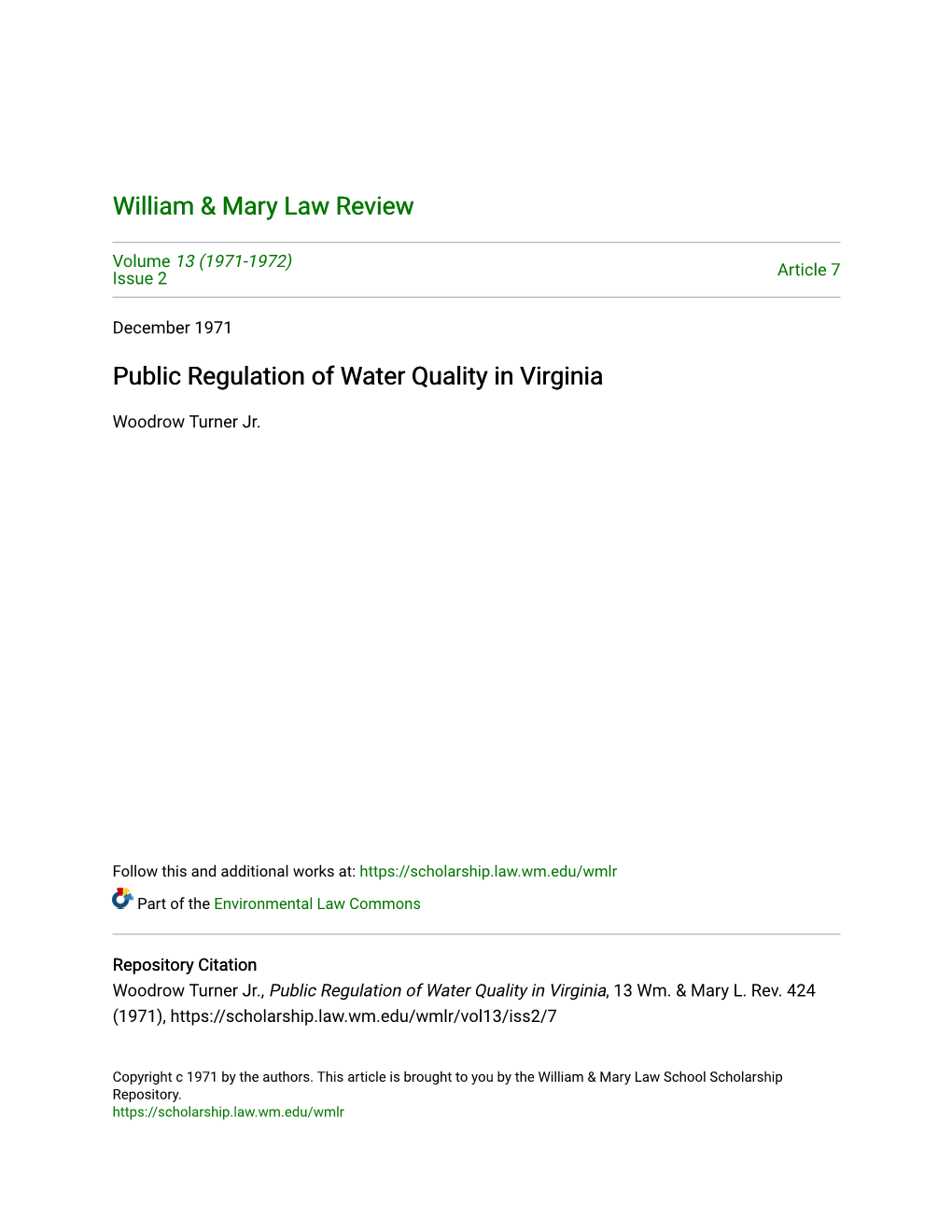 Public Regulation of Water Quality in Virginia