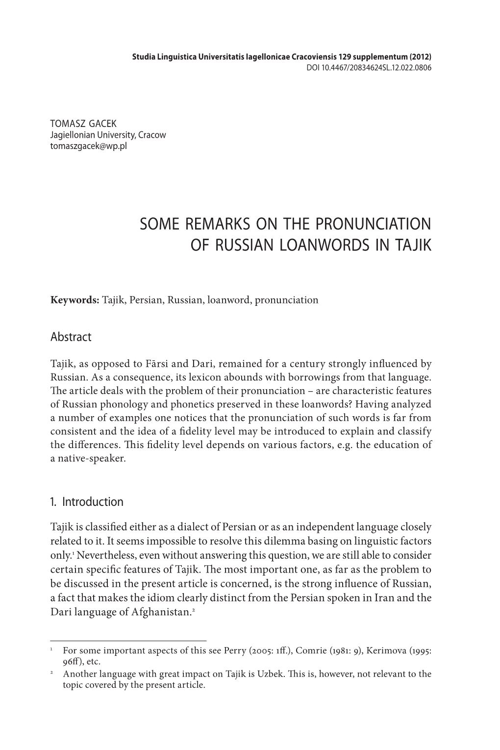 Some Remarks on the Pronunciation of Russian Loanwords in Tajik