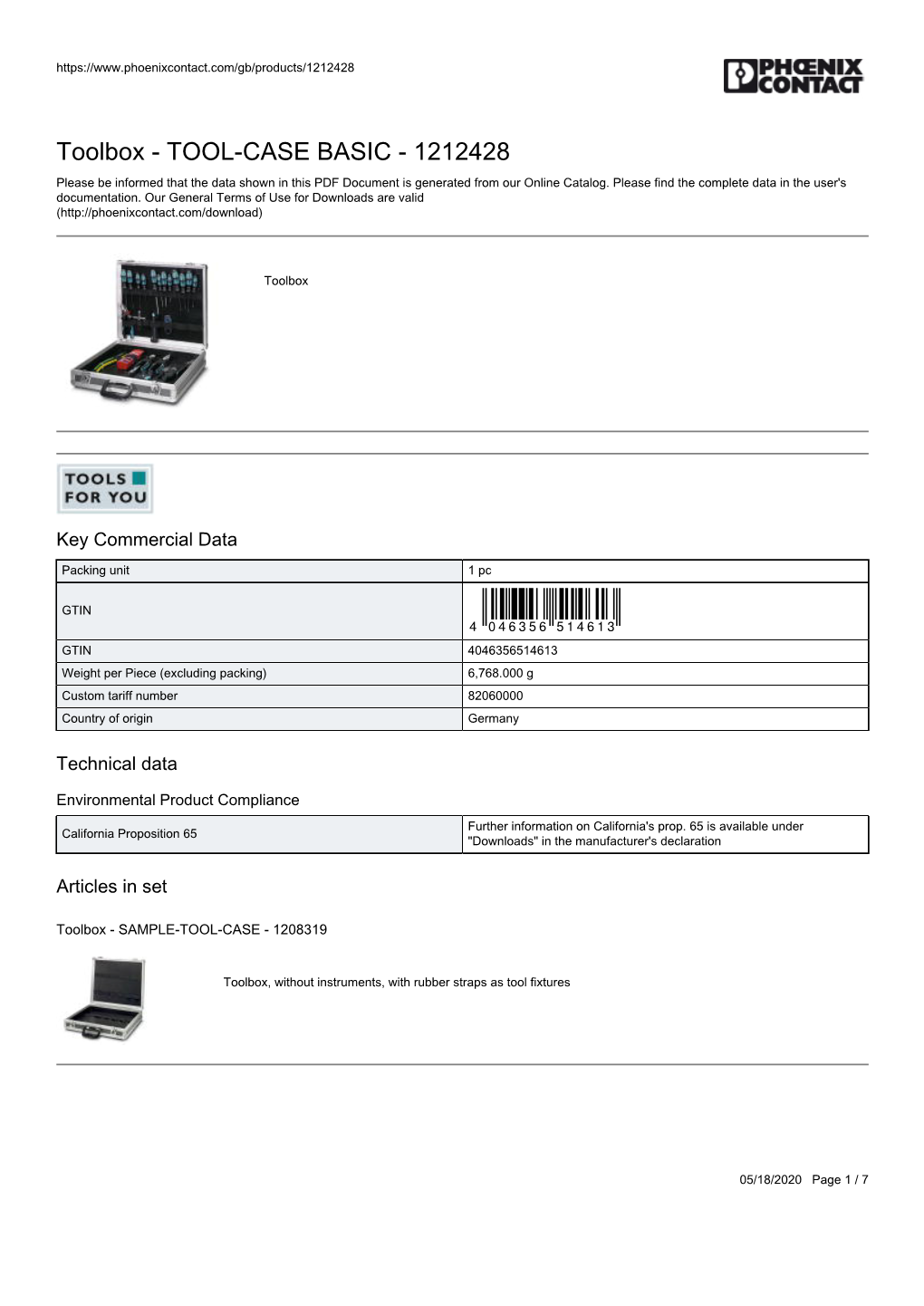 Toolbox - TOOL-CASE BASIC - 1212428 Please Be Informed That the Data Shown in This PDF Document Is Generated from Our Online Catalog