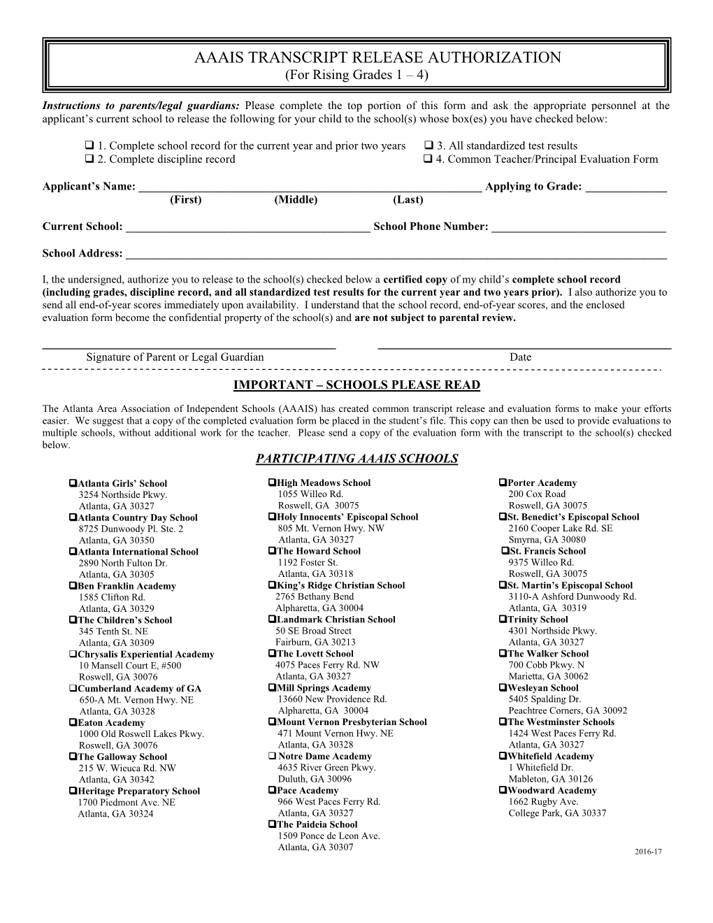 AAAIS TRANSCRIPT RELEASE AUTHORIZATION (For Rising Grades 1 – 4)