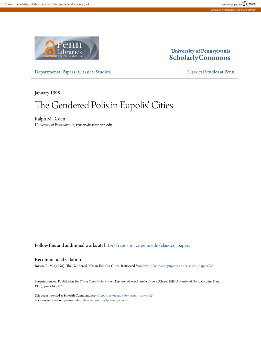 The Gendered Polis in Eupolis' Cities Ralph M
