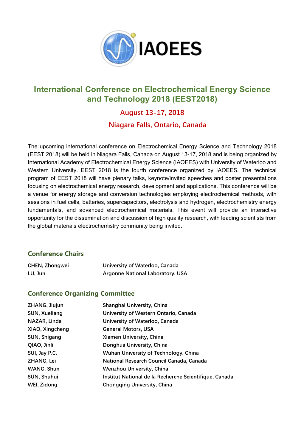 EEST2018) August 13-17, 2018 Niagara Falls, Ontario, Canada