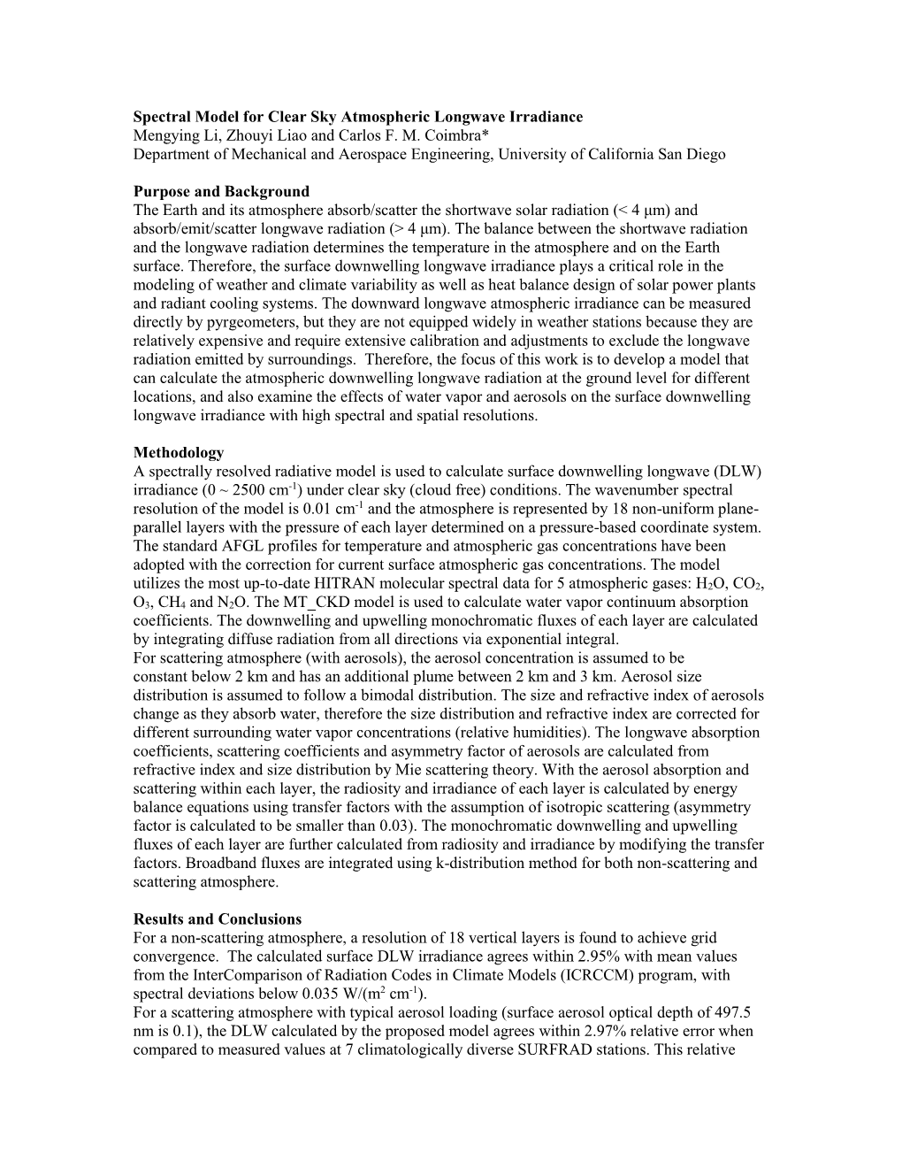 Spectral Model for Clear Sky Atmospheric Longwave Irradiance Mengying Li, Zhouyi Liao and Carlos F