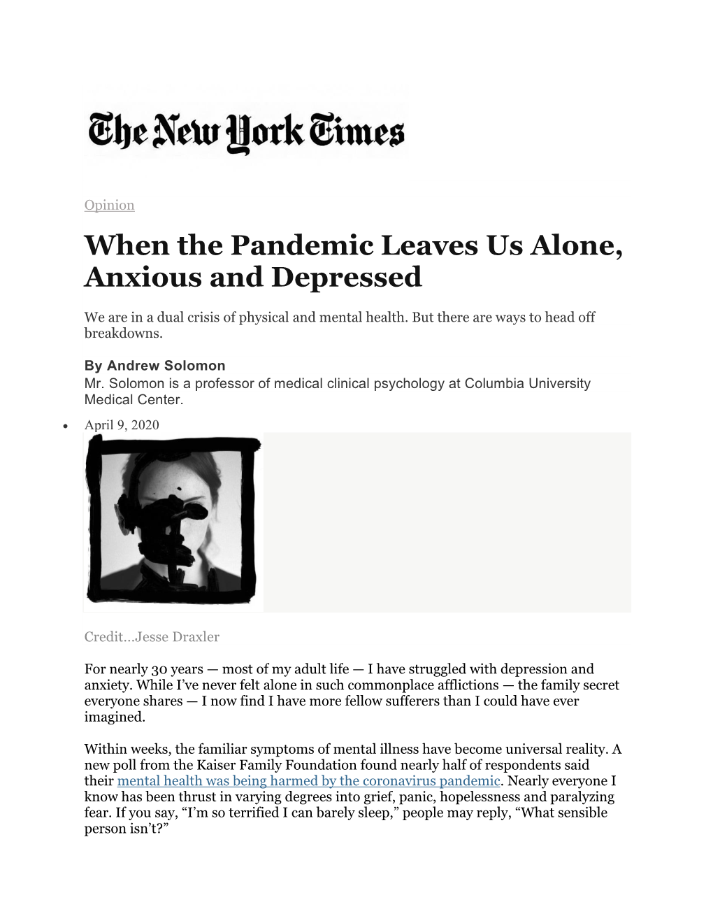 When the Pandemic Leaves Us Alone, Anxious and Depressed