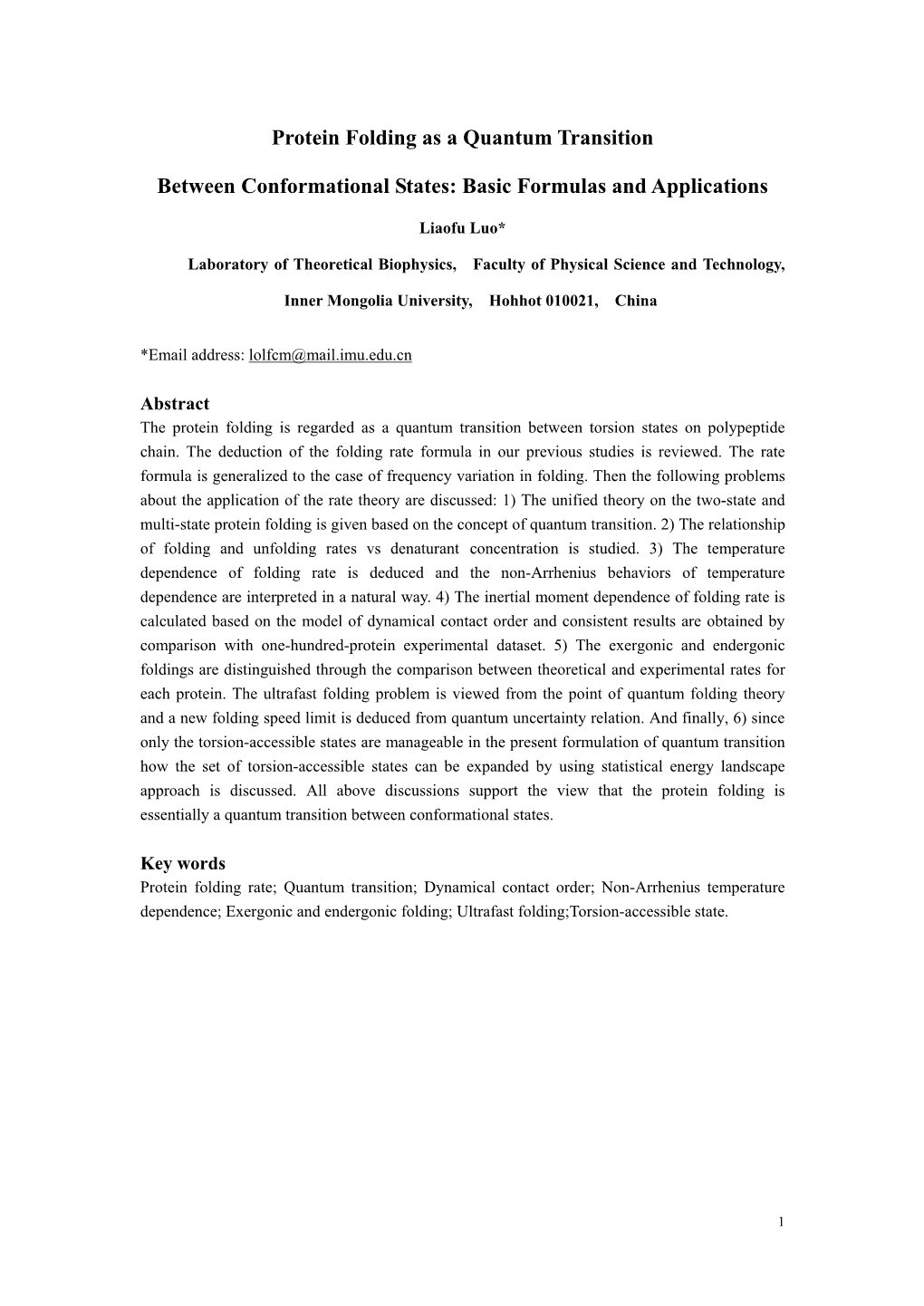 Protein Folding As a Quantum Transition