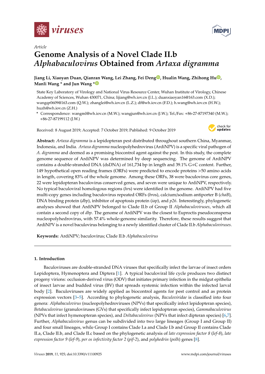 Genome Analysis of a Novel Clade II.B Alphabaculovirus Obtained from Artaxa Digramma