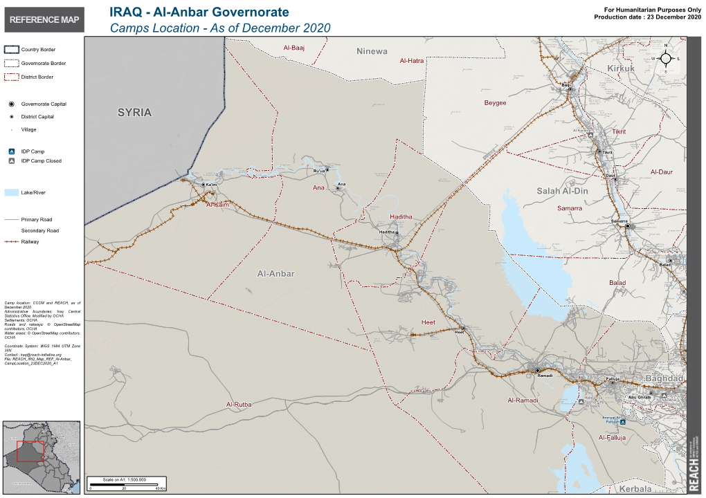 IRAQ - Al-Anbar Governorate for Humanitarian Purposes Only REFERENCE MAP Production Date : 23 December 2020 Camps Location - As of December 2020