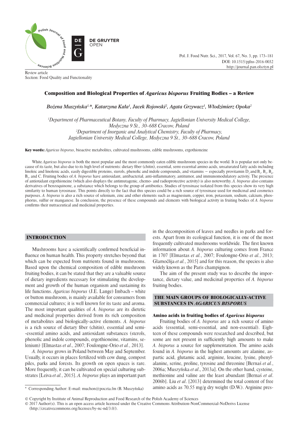 Composition and Biological Properties of Agaricus Bisporus Fruiting Bodies – a Review