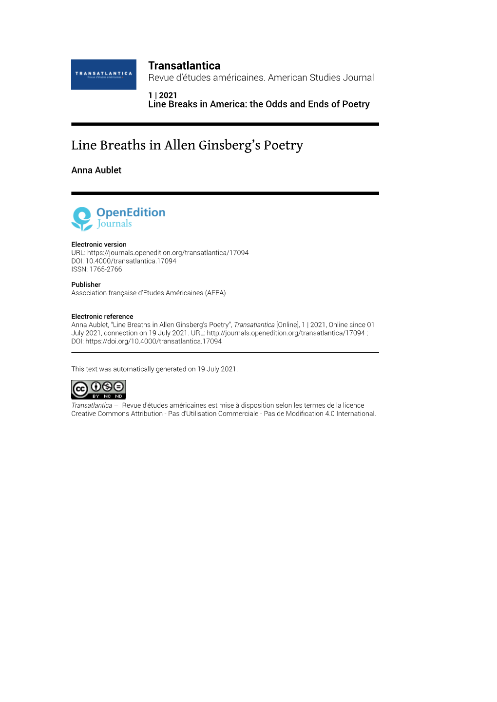 Transatlantica, 1 | 2021 Line Breaths in Allen Ginsberg’S Poetry 2