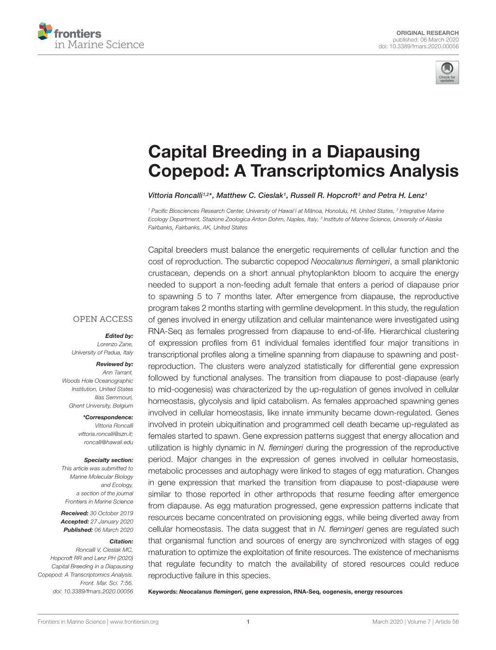 Capital Breeding in a Diapausing Copepod: a Transcriptomics Analysis