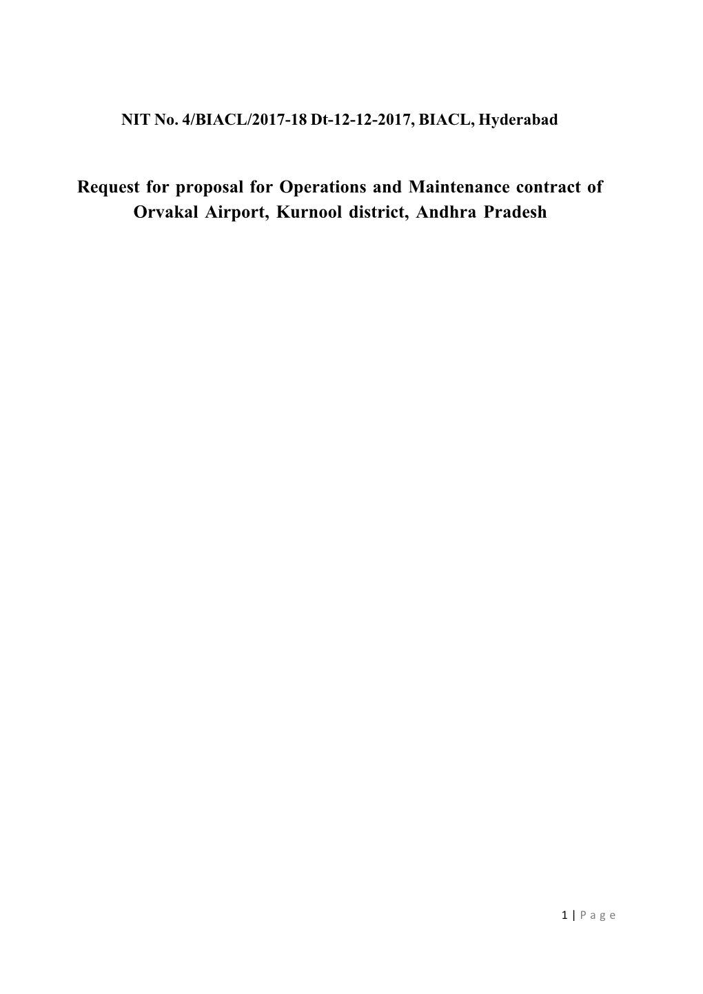 Request for Proposal for Operations and Maintenance Contract of Orvakal Airport, Kurnool District, Andhra Pradesh