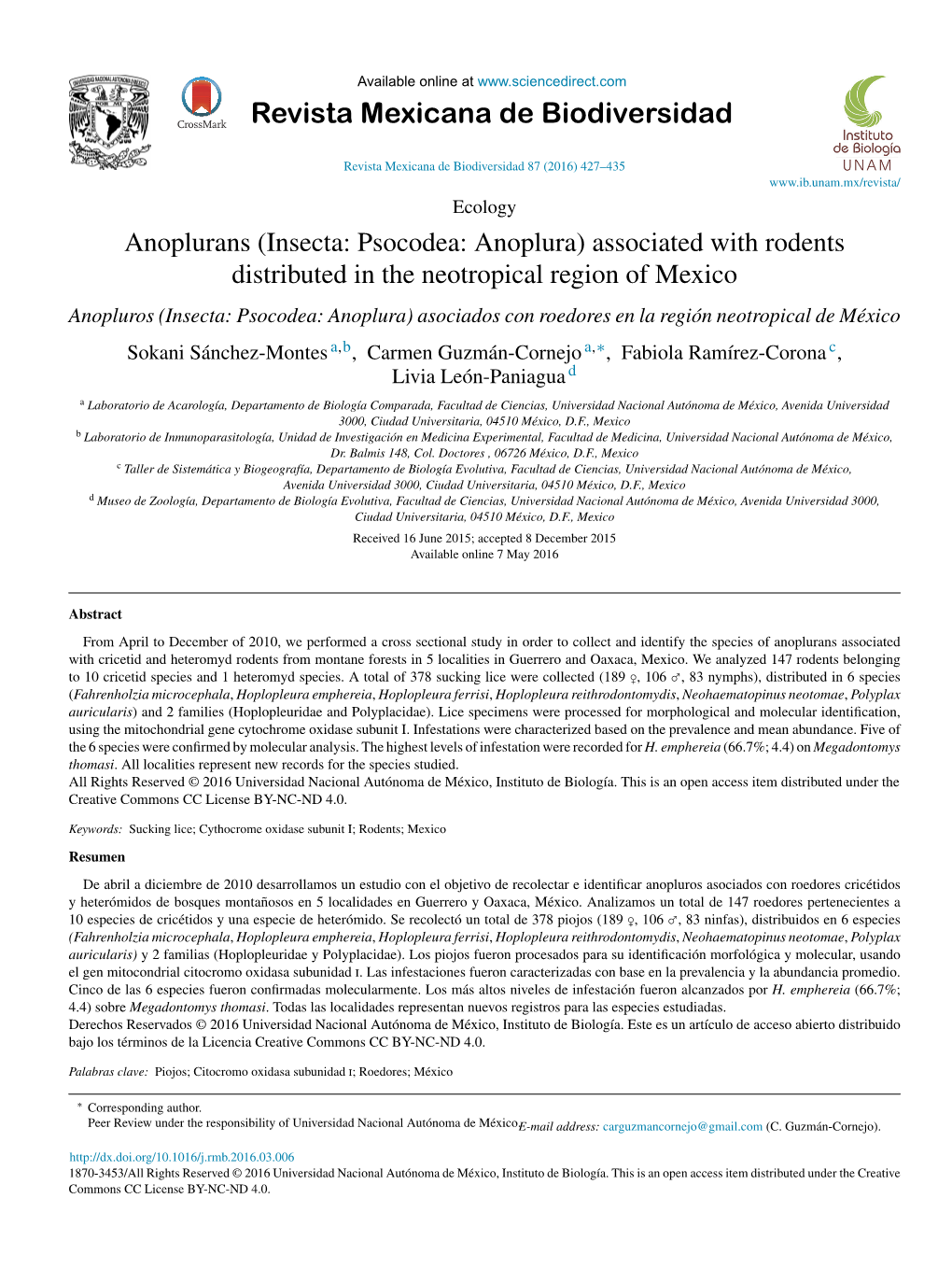 Anoplurans (Insecta: Psocodea: Anoplura) Associated with Rodents Distributed in the Neotropical Region of Mexico