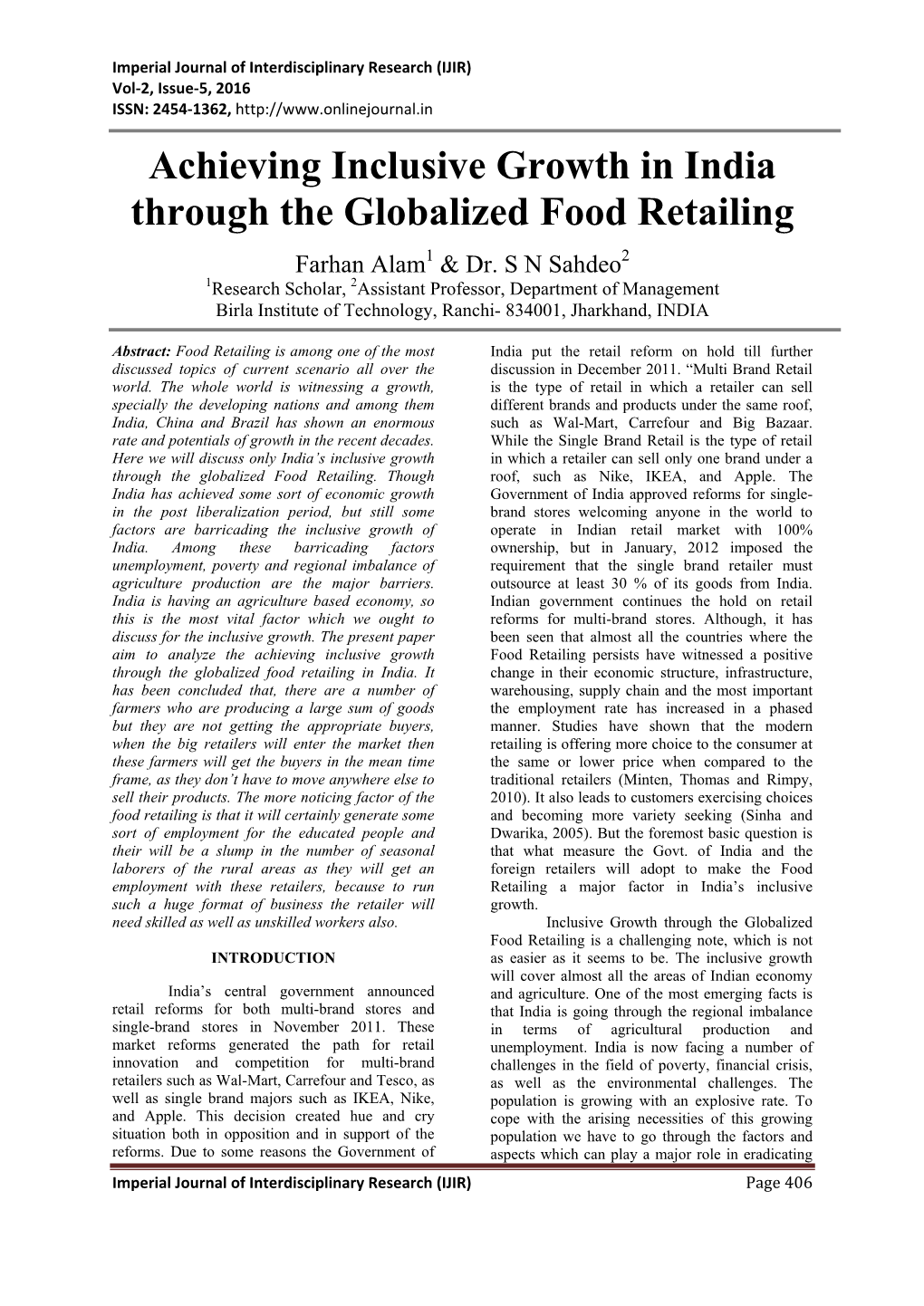 Achieving Inclusive Growth in India Through the Globalized Food Retailing Farhan Alam1 & Dr