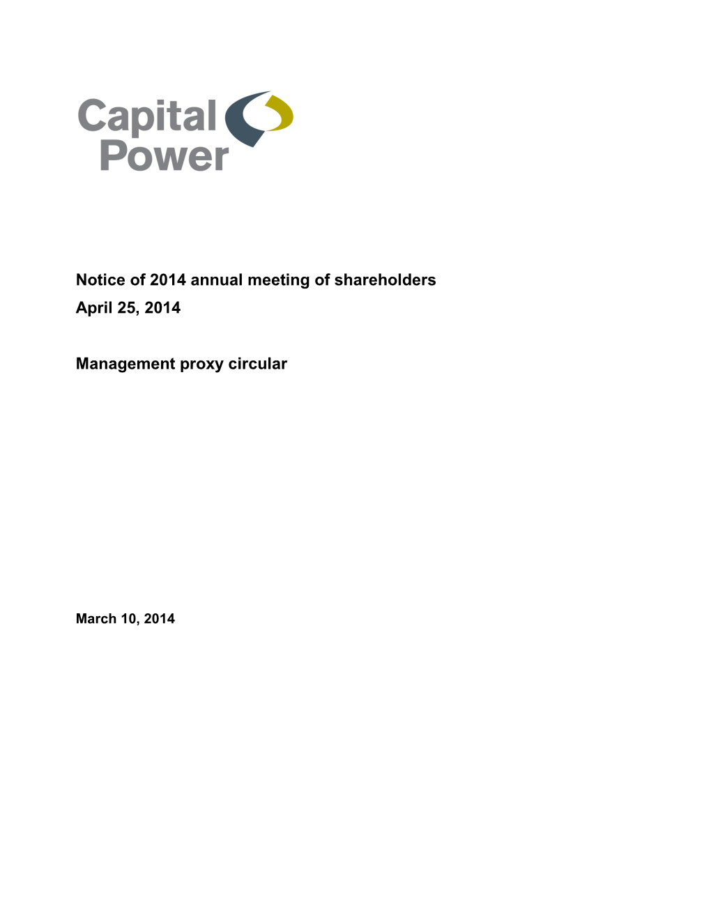 Notice of 2014 Annual Meeting of Shareholders April 25, 2014